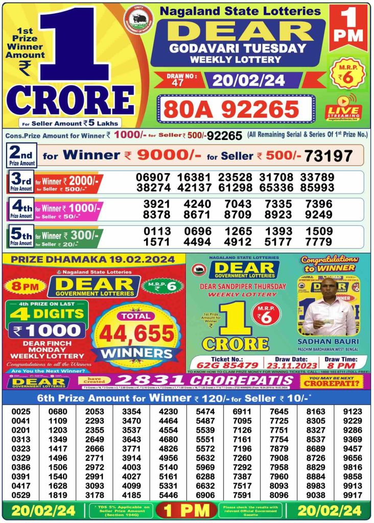 Dear Lottery Result Today 8pm 2024 West Bengal 1PM 6PM 8PM